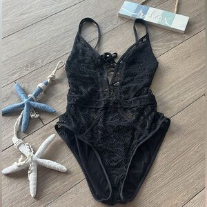 Color Play Crochet Plunge-Neck One-Piece